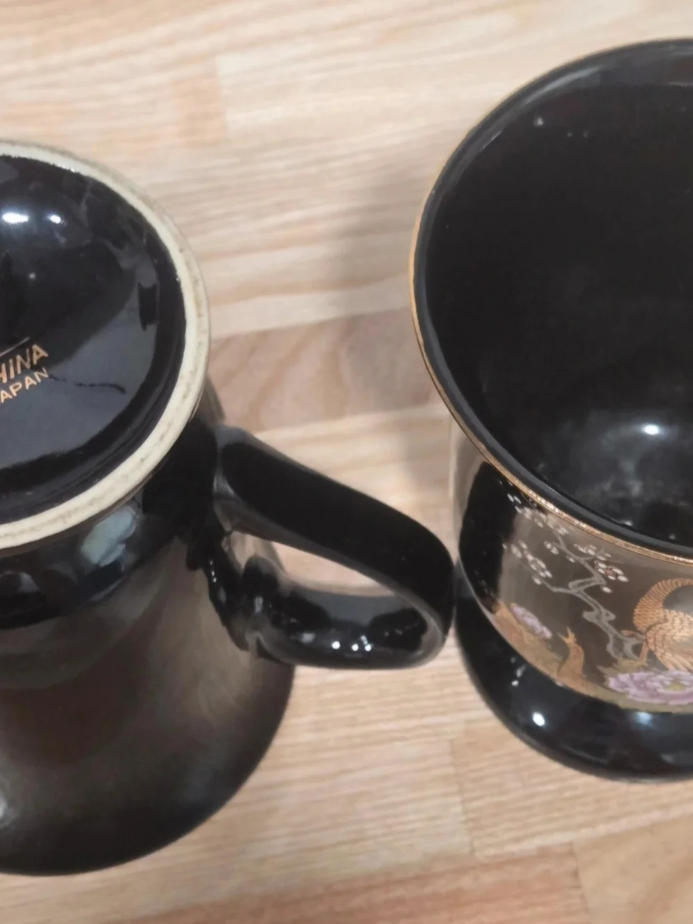 Vintage Y-China Japan Black & Gold Peacock Footed Coffee Mugs (Set of 2)
